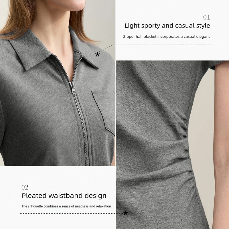 Women's Dress 2026 Summer New Lapel Collar Half Placket Knit Midi Dress Ruched Waist Casual Stretch Woman Clothing 12642006 - Image 4