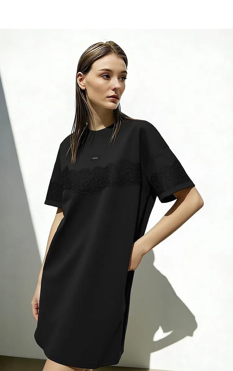Women's Dress 2026 Summer New Lace Splicing O-Neck Drop Shoulder Short Sleeve Cotton Casual Loose Woman Dresses - Image 6