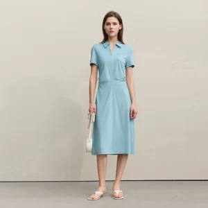 Women's Dress 2026 Summer New Lapel Collar Half Placket Knit Midi Dress Ruched Waist Casual Stretch Woman Clothing 12642006