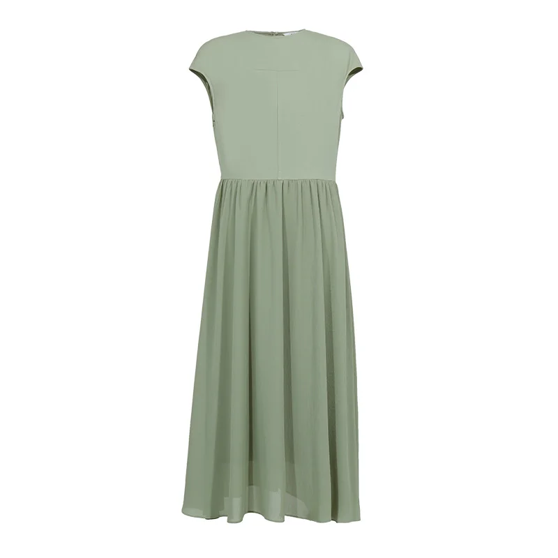 Women's Dress 2026 Summer New Round Neck Chiffon Patchwork Midi Dress Office Casual Short Sleeve Woman Clothing - Image 6