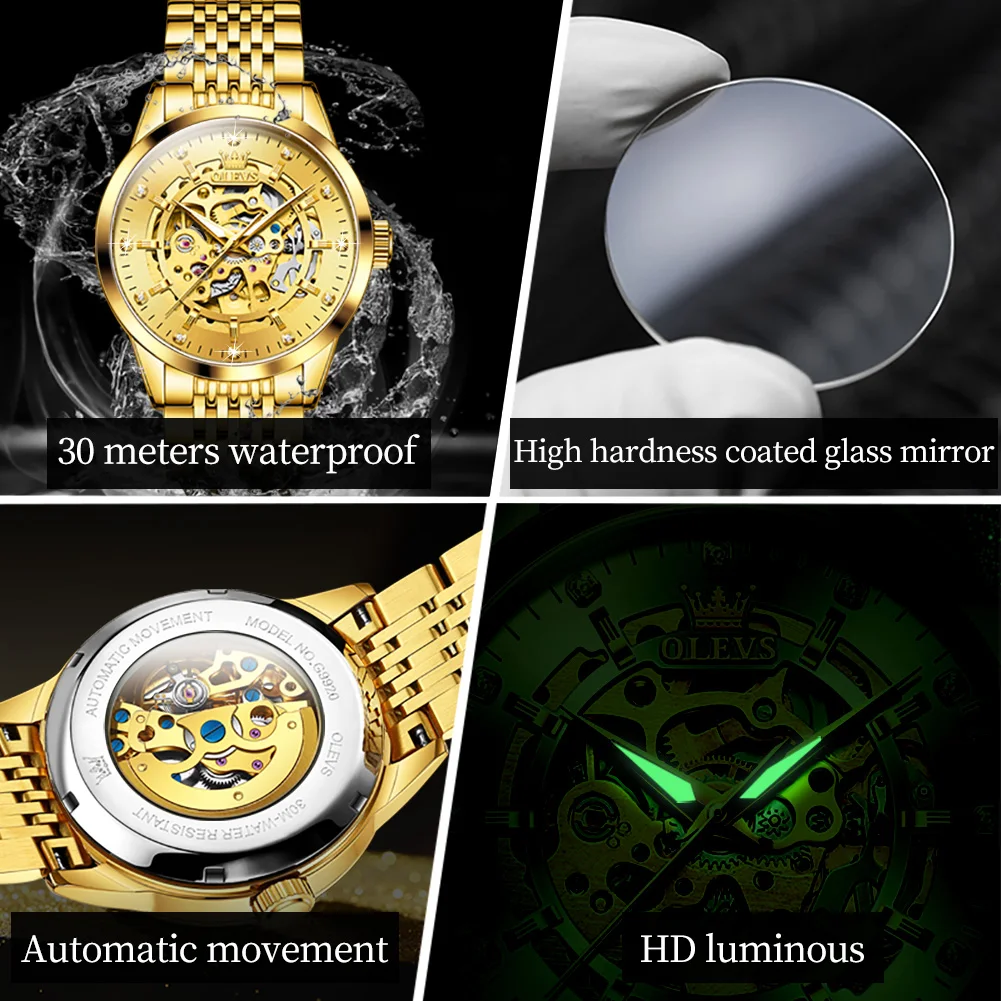Men's Watches Luxury Gold Skeleton Automatic Mechanical Wrist Watch for Man Waterproof Stainless Steel Luminous Business - Image 5