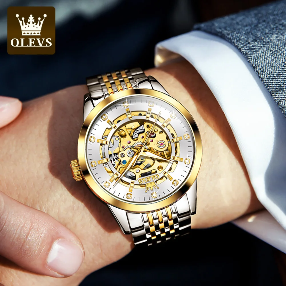 Men's Watches Luxury Gold Skeleton Automatic Mechanical Wrist Watch for Man Waterproof Stainless Steel Luminous Business - Image 3