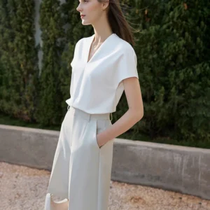 Minimalism 2026 Summer Women's T-shirt Classic Style Casual V-neck Short Sleeve Solid Stretch Female Tops & Tees