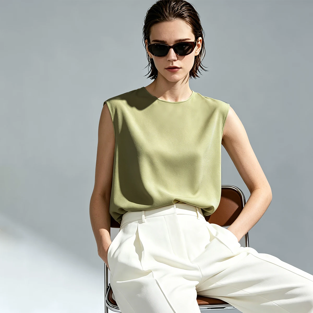 Woman Trousers 2026 Summer New O-Neck Pleated Chiffon Long Dress Separate Casual Flowy Sleeveless Women's Blouse - Image 3