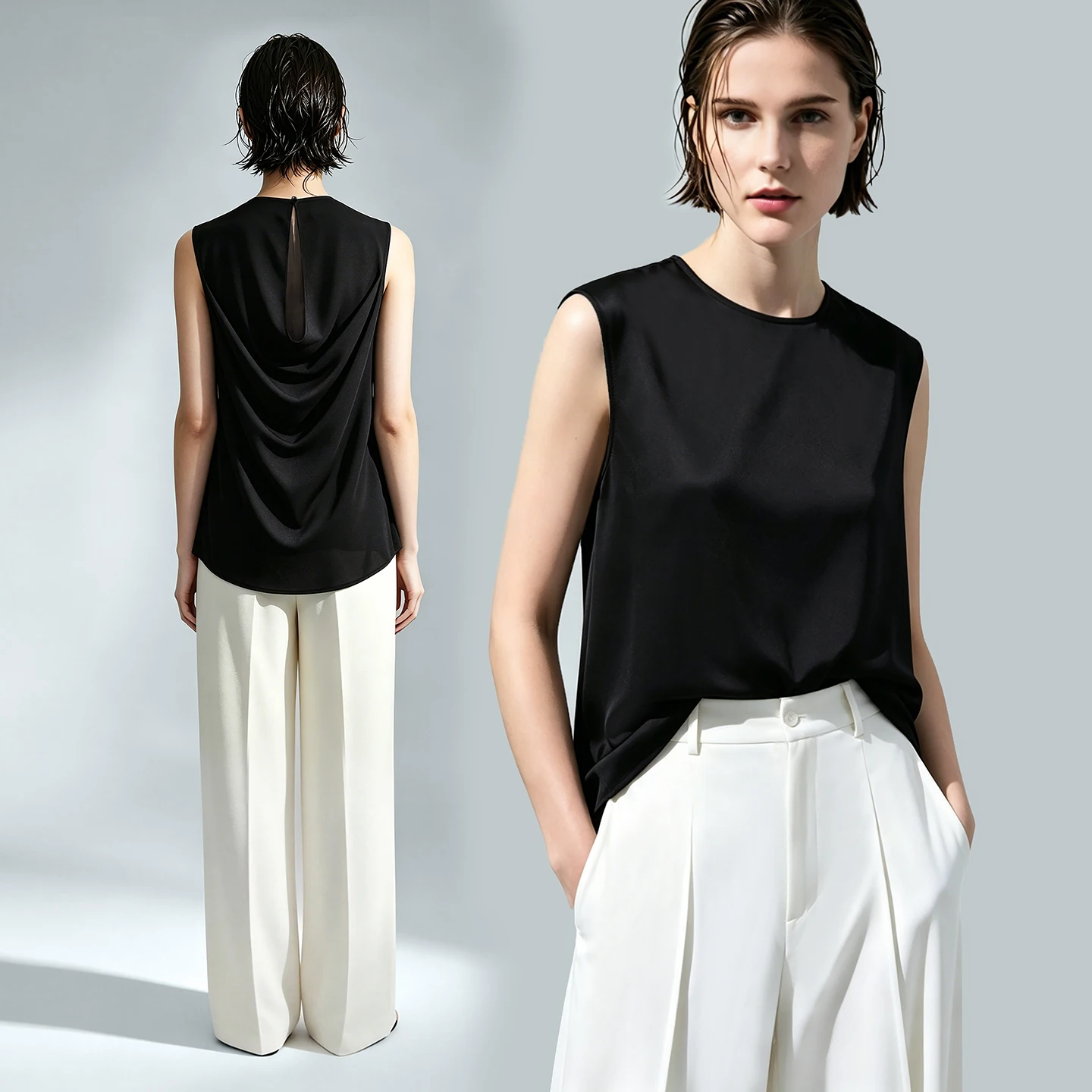 Woman Trousers 2026 Summer New O-Neck Pleated Chiffon Long Dress Separate Casual Flowy Sleeveless Women's Blouse - Image 4