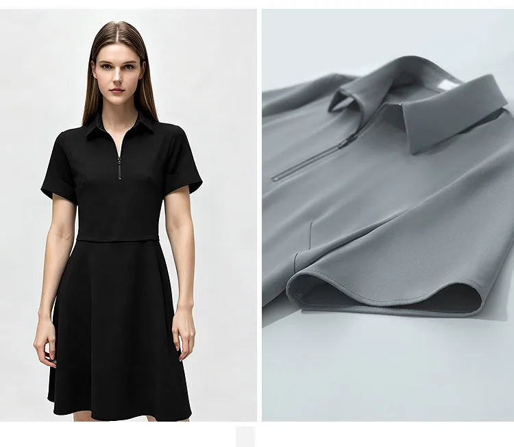 Women's Casual Dresses 2026 Summer New Lapel Zip Half Placket Fitted Waist Office Short Sleeve Midi Dress Women - Image 6