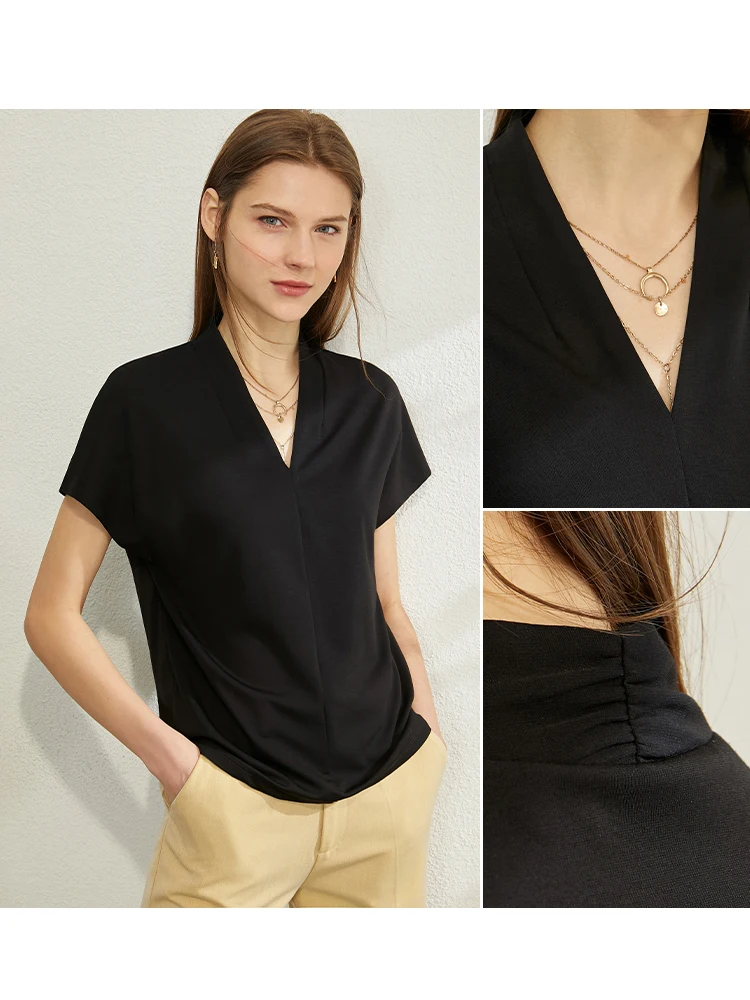 Minimalism 2026 Summer Women's T-shirt Classic Style Casual V-neck Short Sleeve Solid Stretch Female Tops & Tees - Image 2