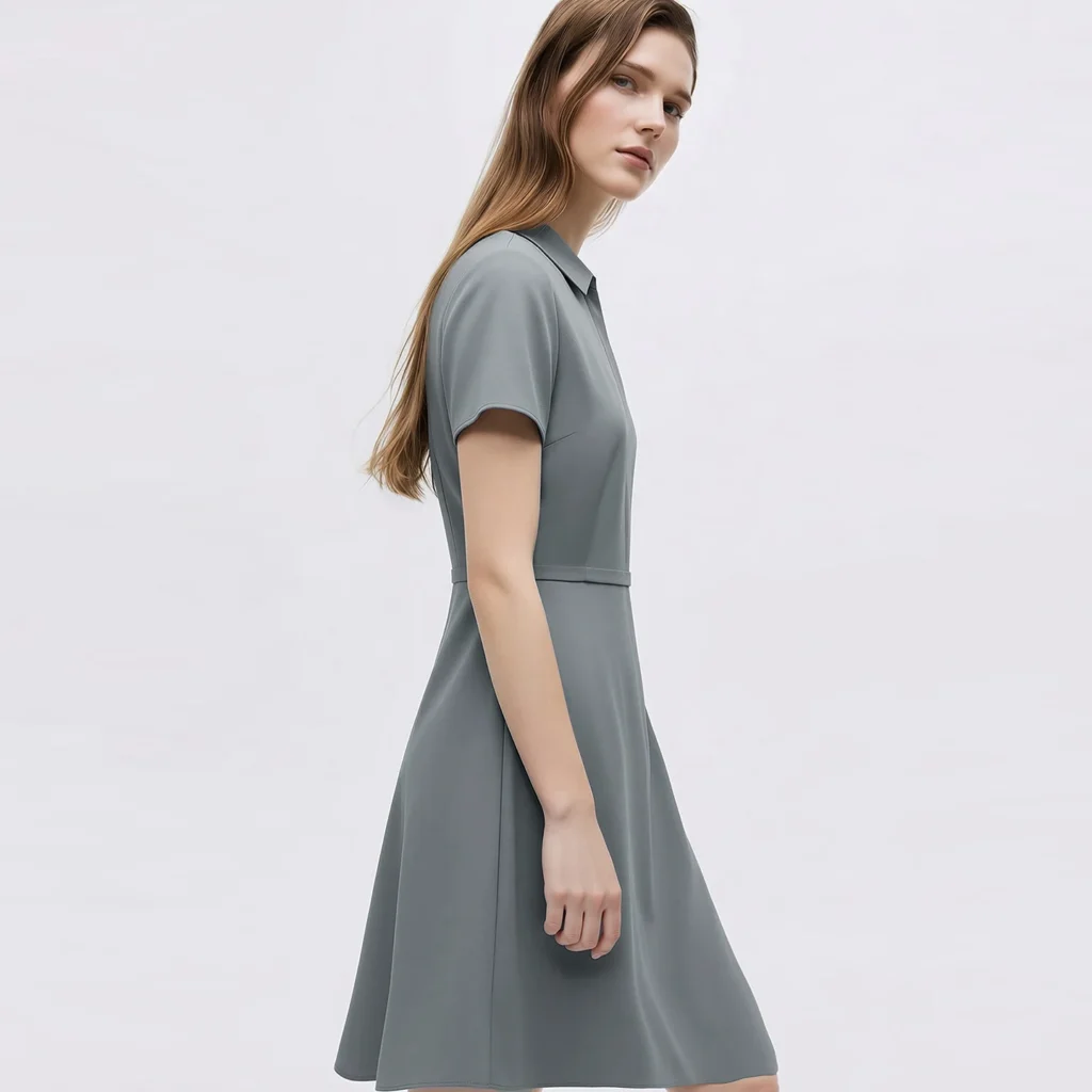 Women's Casual Dresses 2026 Summer New Lapel Zip Half Placket Fitted Waist Office Short Sleeve Midi Dress Women