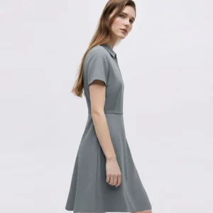 Women's Casual Dresses 2026 Summer New Lapel Zip Half Placket Fitted Waist Office Short Sleeve Midi Dress Women