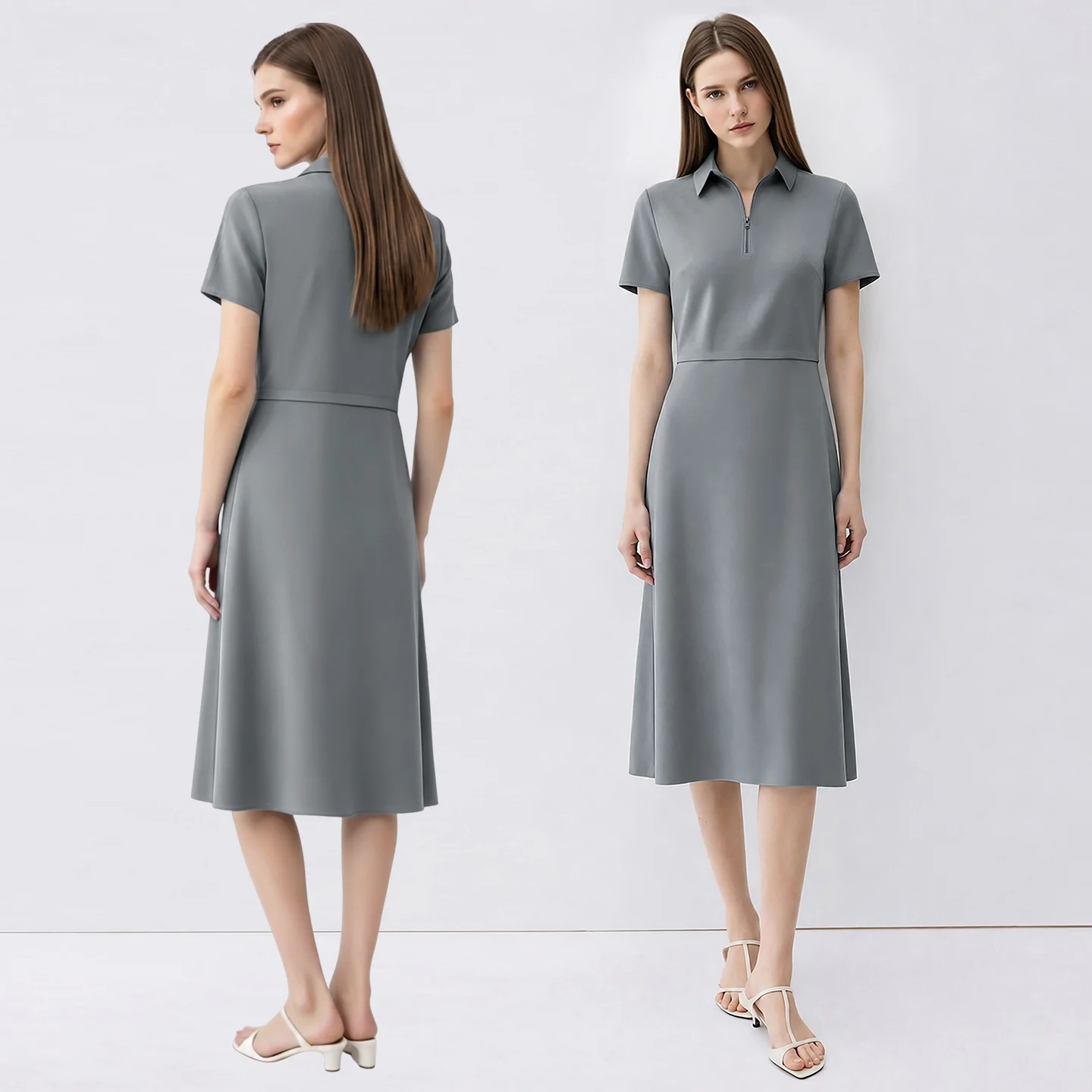 Women's Casual Dresses 2026 Summer New Lapel Zip Half Placket Fitted Waist Office Short Sleeve Midi Dress Women - Image 2