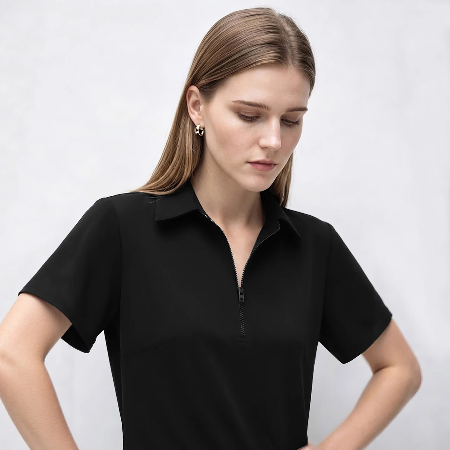 Women's Casual Dresses 2026 Summer New Lapel Zip Half Placket Fitted Waist Office Short Sleeve Midi Dress Women - Image 3