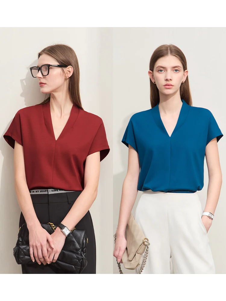 Minimalism 2026 Summer Women's T-shirt Classic Style Casual V-neck Short Sleeve Solid Stretch Female Tops & Tees - Image 3