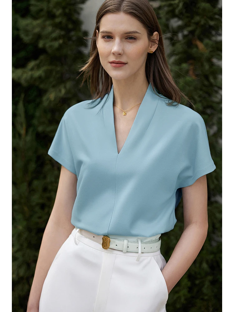 Minimalism 2026 Summer Women's T-shirt Classic Style Casual V-neck Short Sleeve Solid Stretch Female Tops & Tees - Image 4